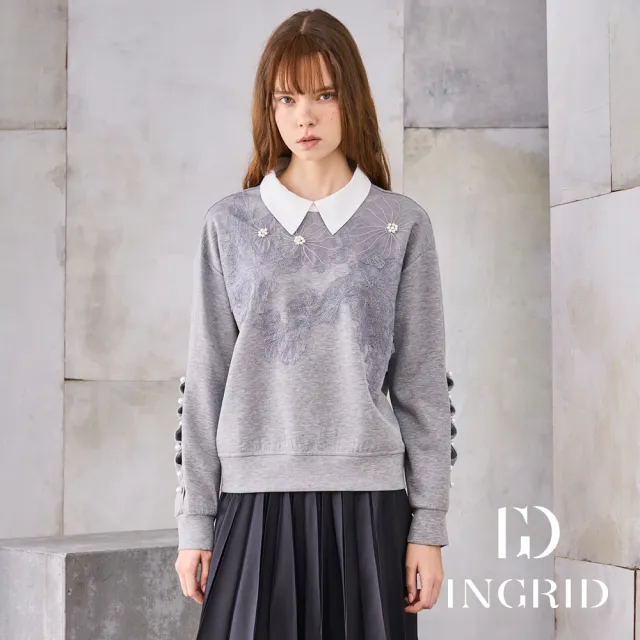 【IGD 英格麗】實體同步款-花語珍珠襯衫領上衣-灰色