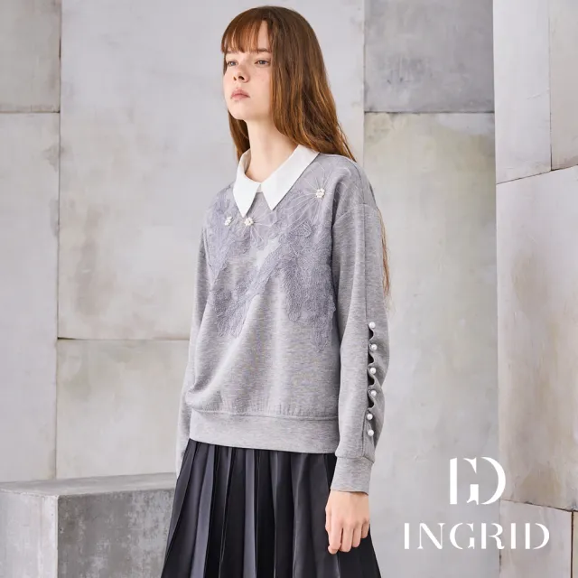 【IGD 英格麗】實體同步款-花語珍珠襯衫領上衣-灰色