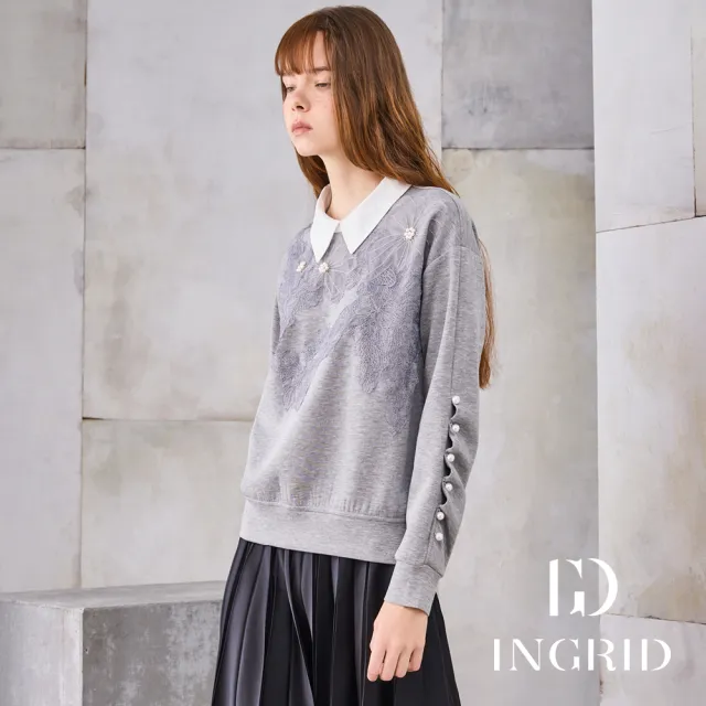 【IGD 英格麗】實體同步款-花語珍珠襯衫領上衣-灰色