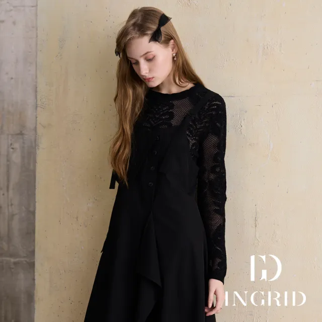 【IGD 英格麗】實體同步款-葉子圖騰蕾絲針織上衣-黑色