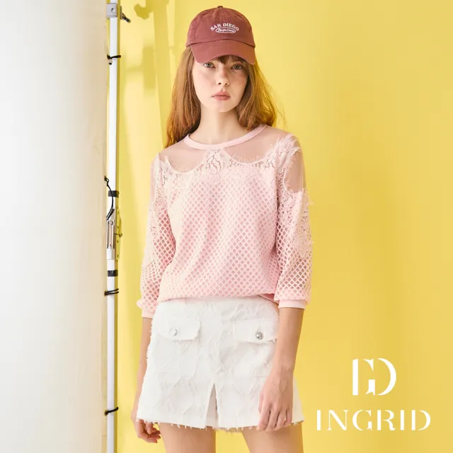 【IGD 英格麗】實體同步款-氣質透感蕾絲菱格上衣-粉紅