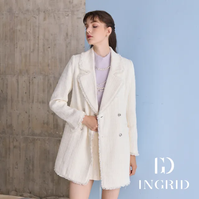 【IGD 英格麗】實體同步款-法式光感小香風長版外套-白色