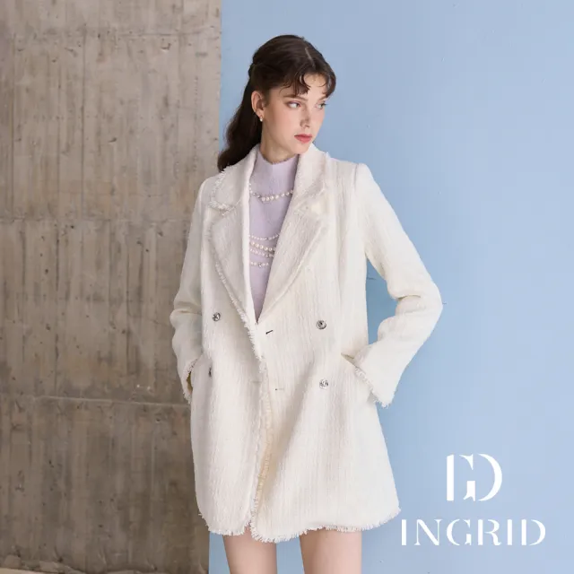 【IGD 英格麗】實體同步款-法式光感小香風長版外套-白色