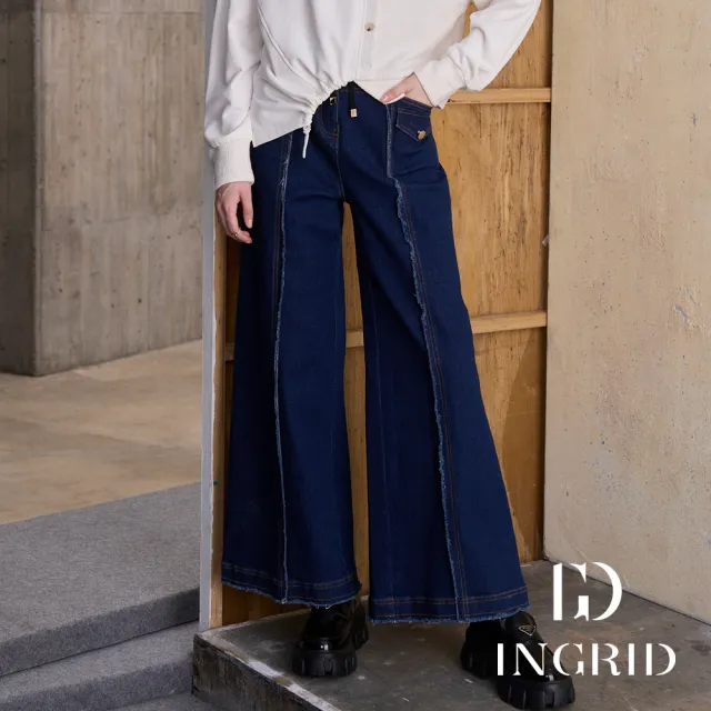 【IGD 英格麗】實體同步款-豹紋拼接牛仔寬褲-藍色