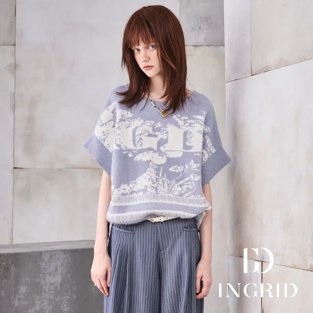 【IGD 英格麗】實體同步款-復古藝術圖紋針織上衣-藍色