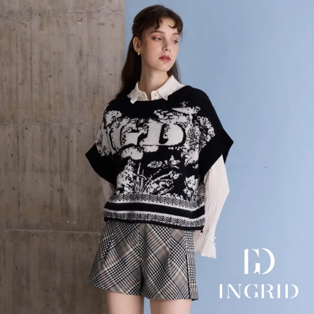【IGD 英格麗】實體同步款-復古藝術圖紋針織上衣-黑色