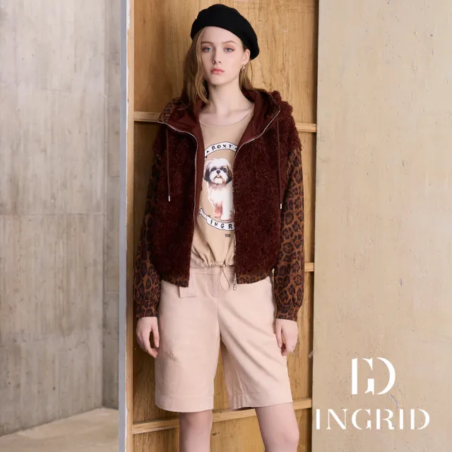 【IGD 英格麗】實體同步款-摩登方形腰帶及膝短褲-杏色