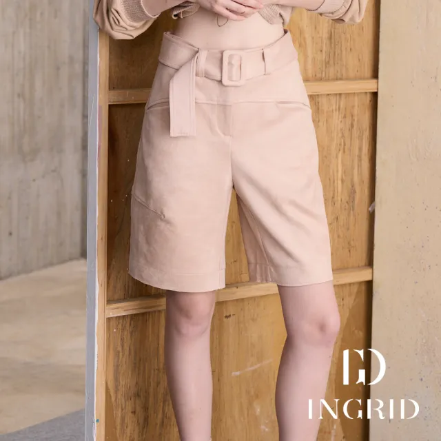 【IGD 英格麗】實體同步款-摩登方形腰帶及膝短褲-杏色