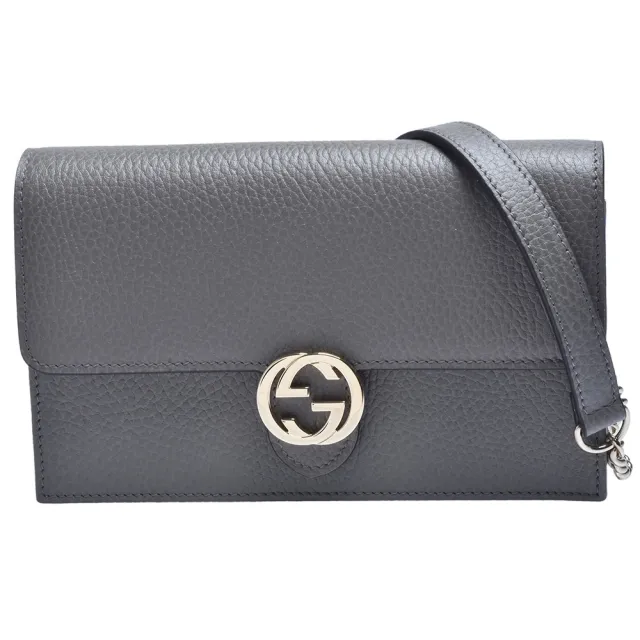 【GUCCI 古馳】GG Marmont系列荔枝紋牛皮金屬雙G LOGO壓釦斜背包(灰)