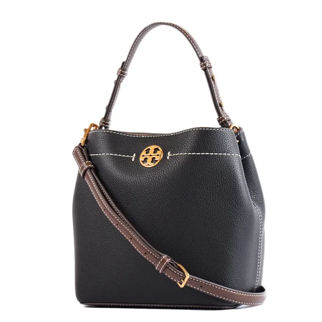 【TORY BURCH】荔枝紋磁釦手提/斜背二用水桶包-黑色/小