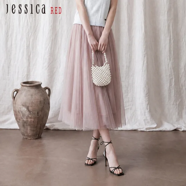 【Jessica Red】溫柔氣質寬鬆鬆緊腰長紗裙（粉）R62103