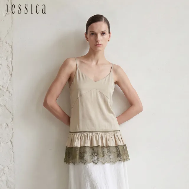 【JESSICA】優雅簡約拼接荷葉蕾絲細肩帶背心上衣J63901