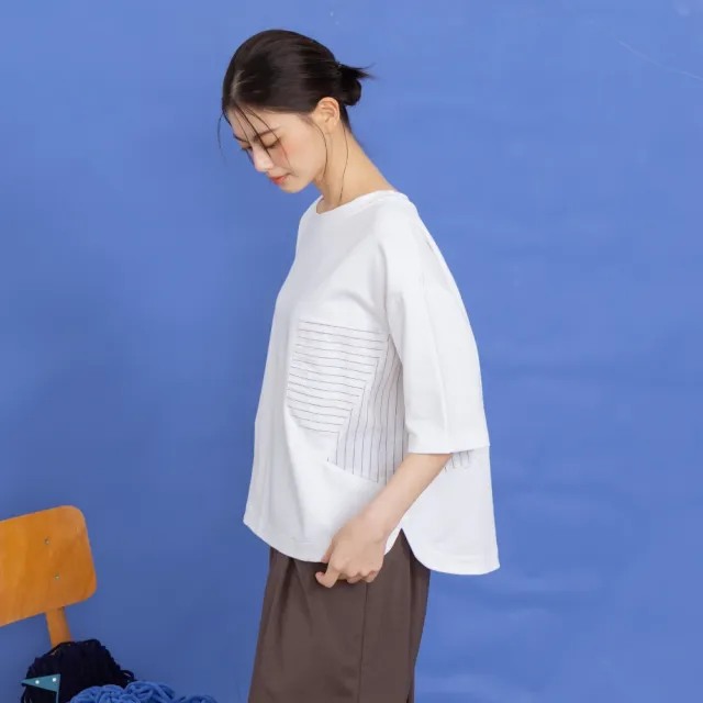 【MOSS CLUB】異材質拼接條紋口袋五分袖T恤 藍 白