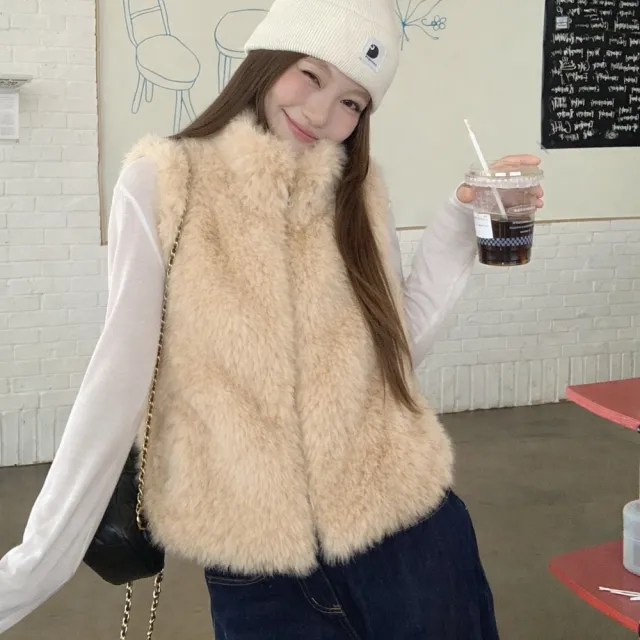 【AS 梨卡】女裝 背心 馬甲 毛絨背心 立領背心 保暖皮草背心 口袋 保暖背心 休閒百搭 VG226