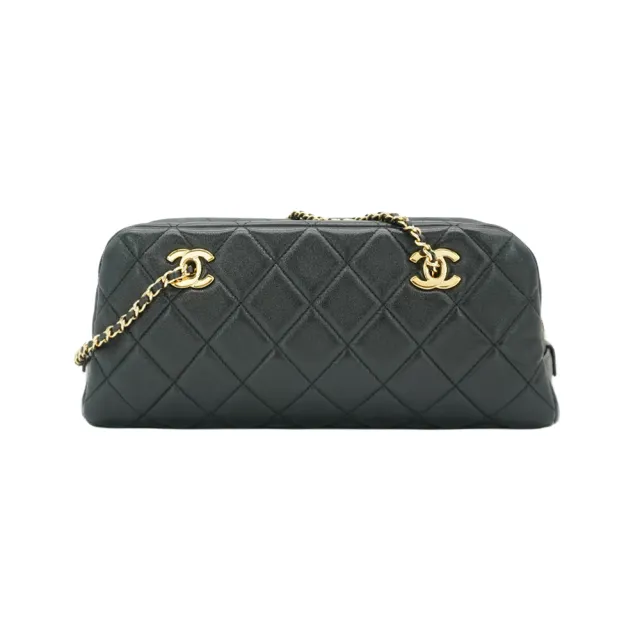 【CHANEL 香奈兒】金雙C菱格羊皮皮穿金鍊波士頓包(AS6406-黑)