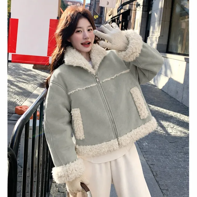 【AS 梨卡】女裝 大衣 外套 夾克 加絨加厚 麂皮絨外套 短版大衣 保暖夾克 韓版外套 VG286