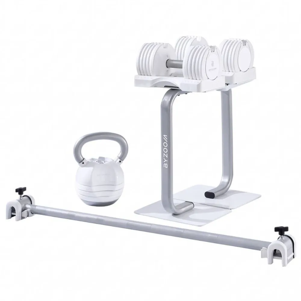 【BYZOOM FITNESS】Pure Series Pure Series 22LB 可調式啞鈴*2+30LB可調式壺鈴+啞鈴專用架+ 專用槓鈴桿