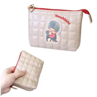 【小禮堂】雙11 Monchhichi 皮質拉鍊化妝包 米/紅/粉