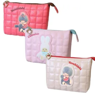 【小禮堂】雙11 Monchhichi 皮質拉鍊化妝包 米/紅/粉