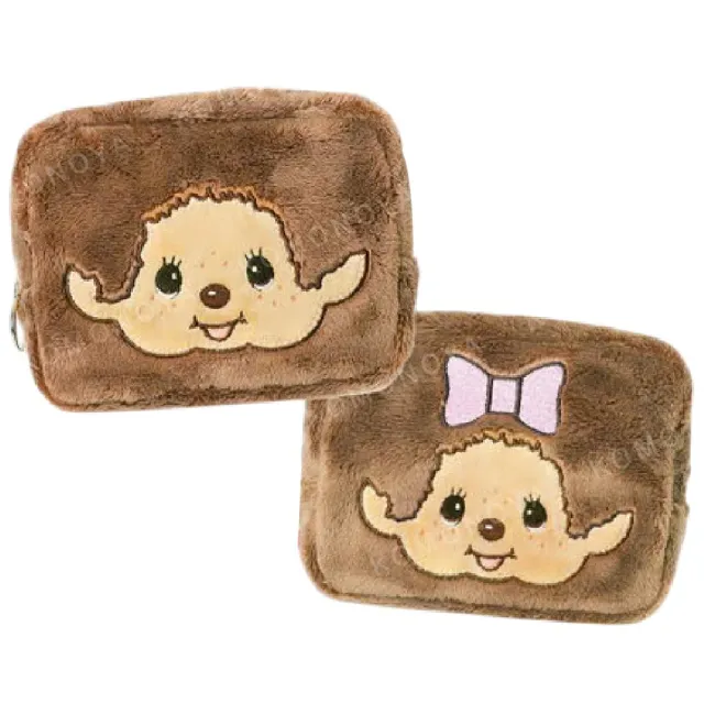 【小禮堂】雙11 Monchhichi 絨毛方形拉鍊化妝包 (大臉款)