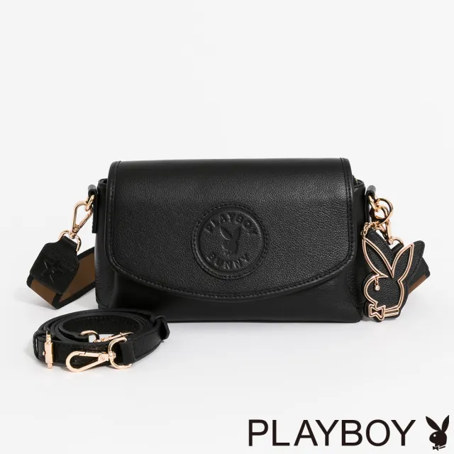 【PLAYBOY】翻蓋斜背包  Leather Mark系列 - 黑色