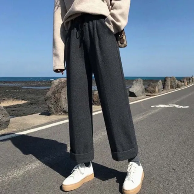【AnZa】格紋毛呢保暖九分寬褲闊腿褲(秋冬鬆緊腰休閒褲裙)