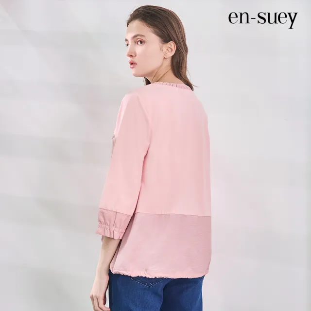 【en-suey 銀穗】異材質拼接假口袋花卉印花T恤上衣-女