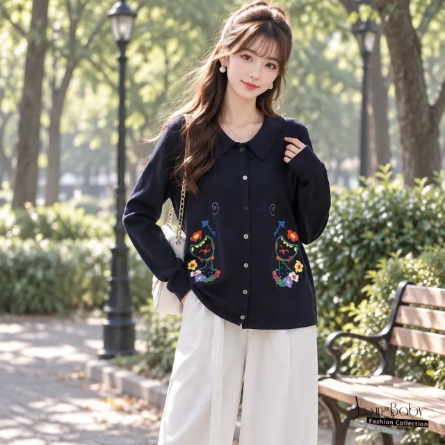 【YOUNGBABY】文藝花卉卡通貓咪刺繡翻領排釦外套 中大尺碼女裝