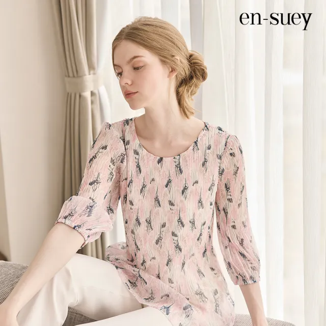 【en-suey 銀穗】雪紡花卉V領剪接七分拋袖短洋裝-女