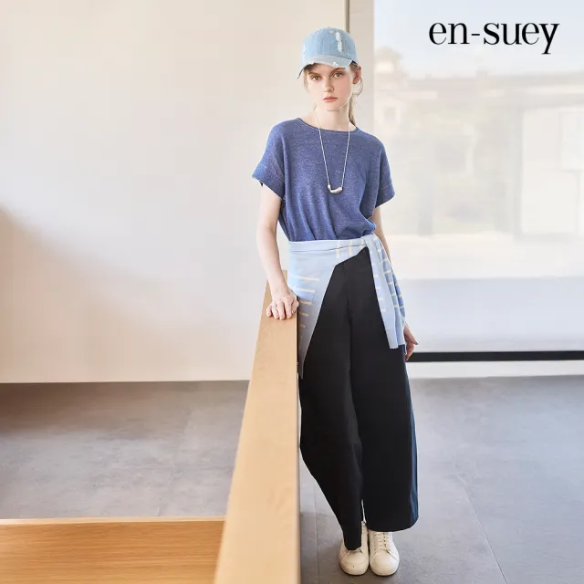 【en-suey 銀穗】仿丹寧布後領綁帶線衫-女
