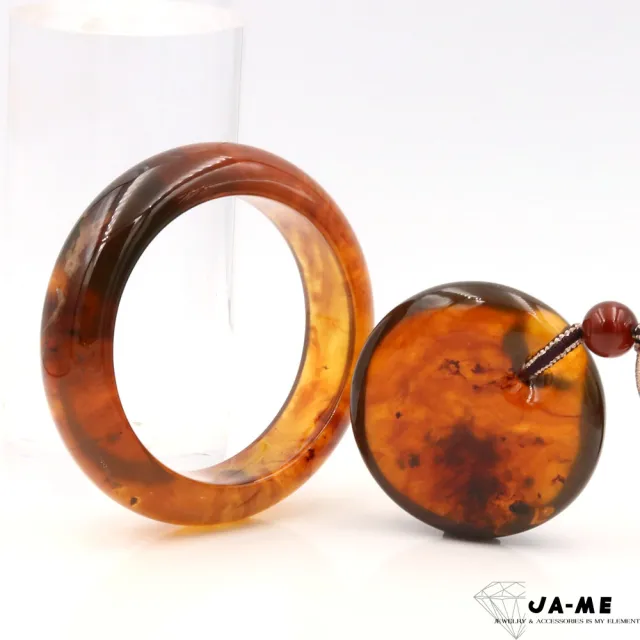【JA-ME】天然琥珀 棕紅飄白蠟溶洞 寬版手鐲#18.5(買手鐲送鐲芯項鍊)