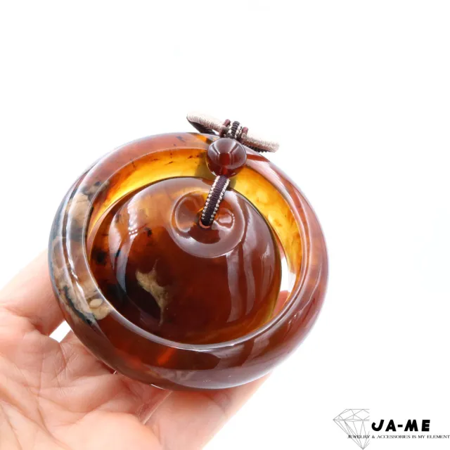 【JA-ME】天然琥珀 棕紅飄白蠟溶洞 寬版手鐲#18.5(買手鐲送鐲芯項鍊)