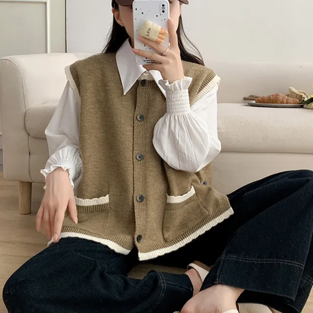【JC Collection】☆台灣現貨☆｜學院風簡約氣質保暖舒適雙口袋側邊開叉單扣針織外套背心｜日常百搭
