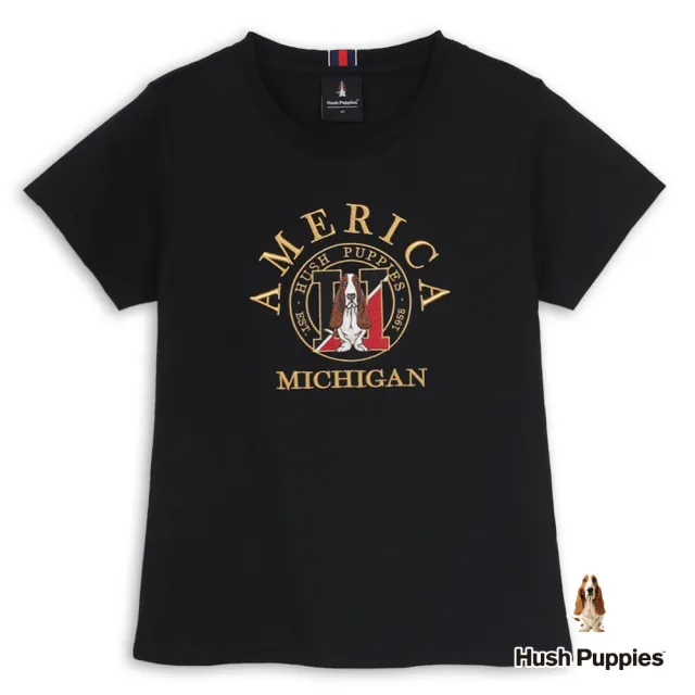 【Hush Puppies】女裝 T恤 經典配色H圓章刺繡狗T恤 (黑色 / 64211102)