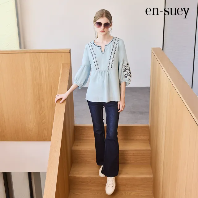【en-suey 銀穗】經典線條小喇叭牛仔長褲-女(丹寧)