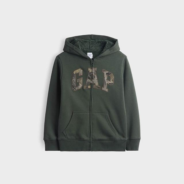 【GAP】兒童仿羊羔絨內裡拉鍊連帽外套-墨綠色(909444)