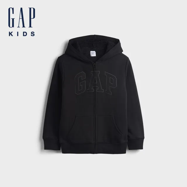 【GAP】兒童仿羊羔絨內裡拉鍊連帽外套-黑色(909444)