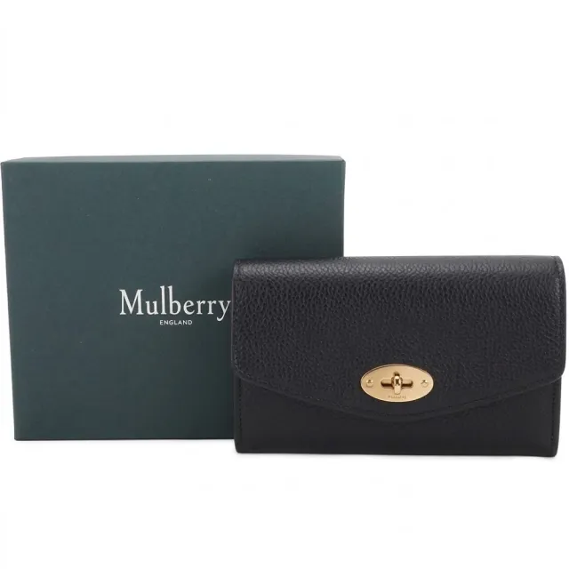 【MULBERRY】Darley 錢包 郵差鎖扣粒面牛皮萬用夾 卡片夾(黑色 質感真皮 精品夾)
