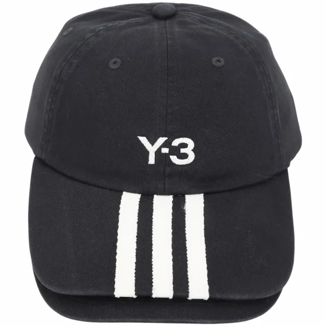 【Y-3 山本耀司】Adidas 58CM 刺繡字母 條紋斜紋布 雙層帽簷純棉棒球帽(黑色)