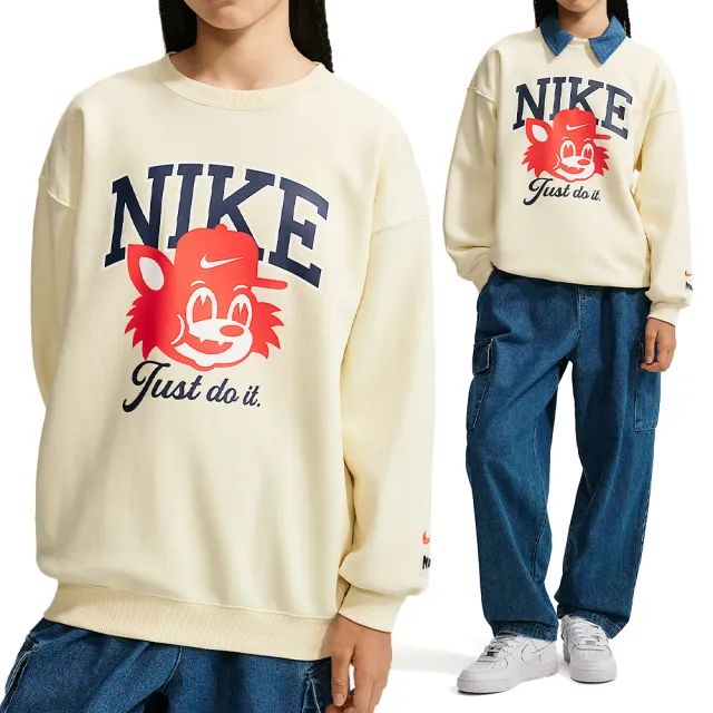 【NIKE 耐吉】G Nsw Emd Flc Os Crw 長袖 大童 米白色 大學T 運動 休閒 IZ5840-113