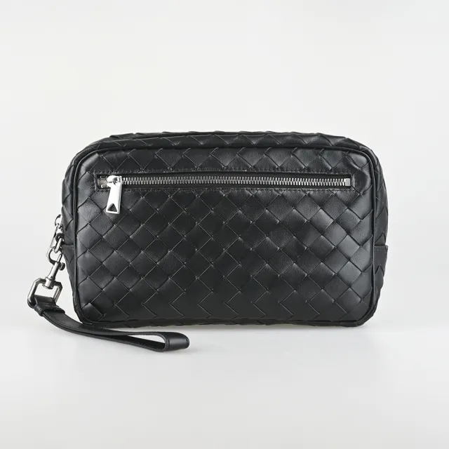 【BOTTEGA VENETA 寶緹嘉】BOTTEGA VENETA精品小牛皮編織拉鍊腕帶手拿包(黑)