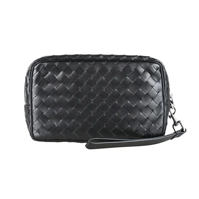 【BOTTEGA VENETA 寶緹嘉】BOTTEGA VENETA精品小牛皮編織拉鍊腕帶手拿包(黑)