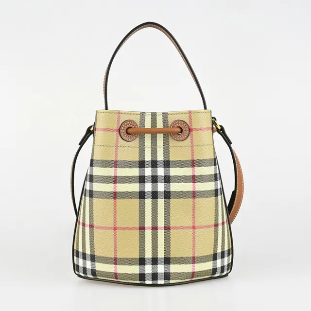 【BURBERRY 巴寶莉】BURBERRY精品塗層帆布格紋束口抽繩手提斜背水桶包(迷你/典藏米X棕)
