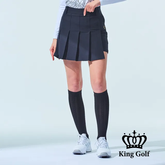 【KING GOLF】網路獨家單特-女款素色百摺不規則剪接高爾夫球運動短裙-黑色