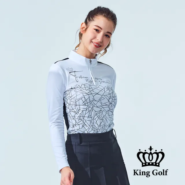 【KING GOLF】速達-網路獨家單特-女款幾何線條草寫印花立領長袖上衣-灰色