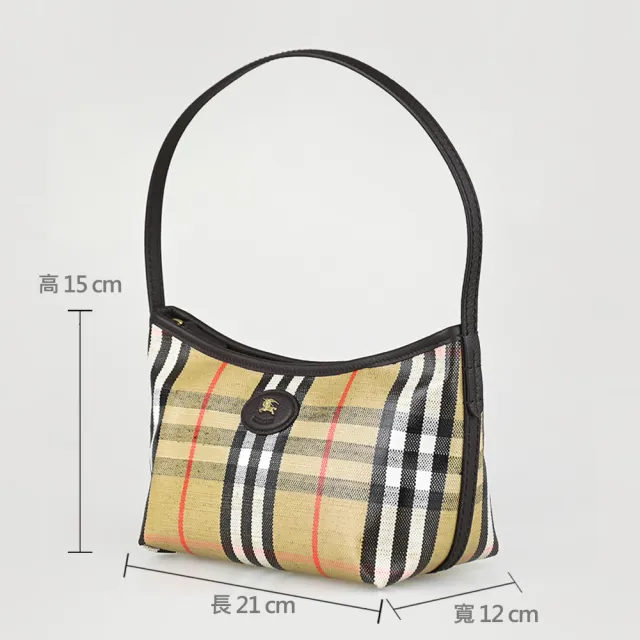 【BURBERRY 巴寶莉】BURBERRY精品塗層帆布格紋拉鍊肩背包(迷你/典藏米X深棕)
