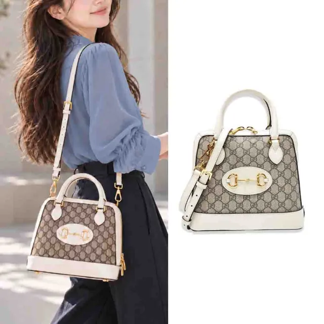 【GUCCI 古馳】621220 經典1955馬銜扣系列GG帆布牛皮飾邊手提/斜背兩用包(白色)