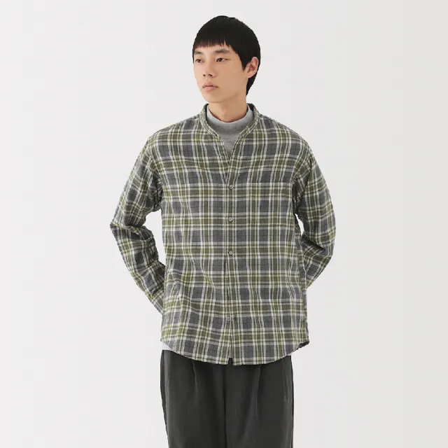 【MUJI 無印良品】男雙面起毛法蘭絨立領長袖襯衫(柔白/卡其/深藍/棕色/淺綠格紋/藍格紋/暗藍直紋/淺棕直紋)