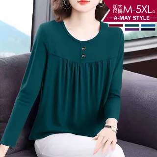 【Amay Style 艾美時尚】秋新品 中大尺碼女裝 T恤 簡約圓領抓皺顯瘦感長袖上衣。M-5XL(5色.預購)