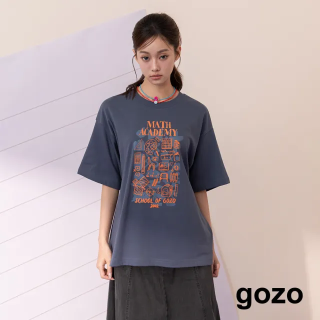 【gozo】數學二三事植絨印花後綁帶T恤(深灰/粉色)